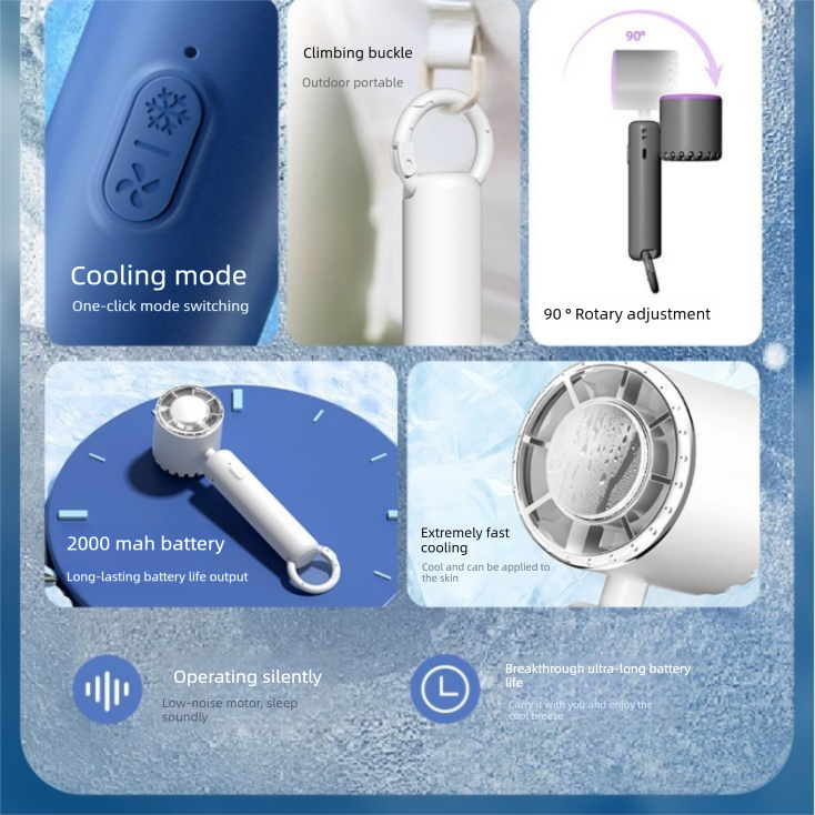 Grey Portable Ice Cooling Handheld Fan USB Rechargeable 2000mAh Silent Battery Fan for Office and Outdoor Use Personal Cooling Solution for Local Professionals