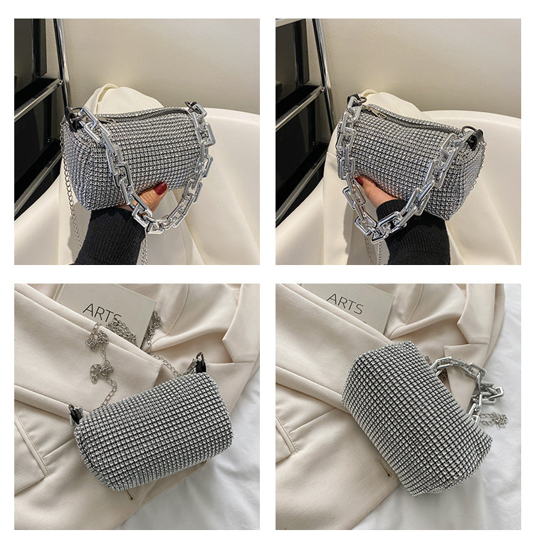 Black Mini Shoulder Bag for Women – Rhinestone-Embellished Pillow-Shaped Chain Bag with Fashionable Metal Hardware and Compact Design