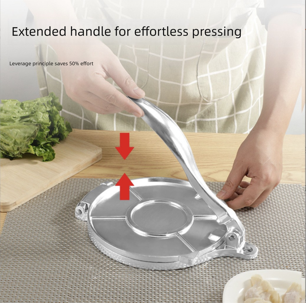 Silver Manual Dough Press – Aluminum Alloy Cake & Tortilla Press for Homemade Baking and Cooking(16cm)
