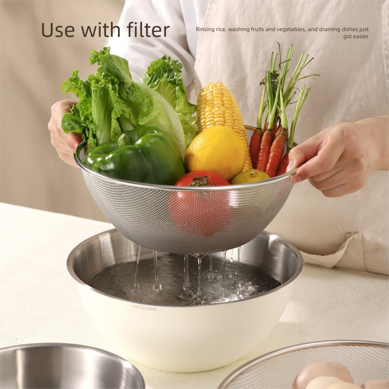 White Stainless Steel Mixing Bowl Set with Colander – Double-Layer Kitchen Basin for Salad, Washing, Mixing & Baking