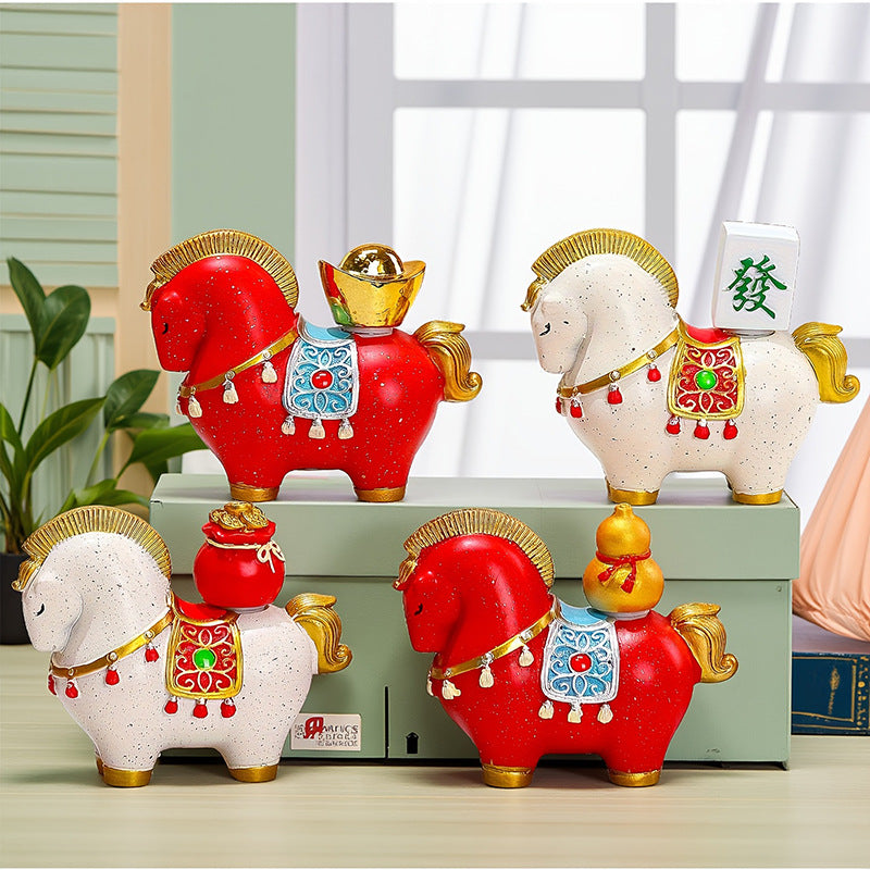 White Red New Chinese Style Resin Horse Figurine with Rotating Lucky Bag – Elegant Home or Office Decor for Modern Living Spaces(Good fortune and prosperity shall soon be yours)