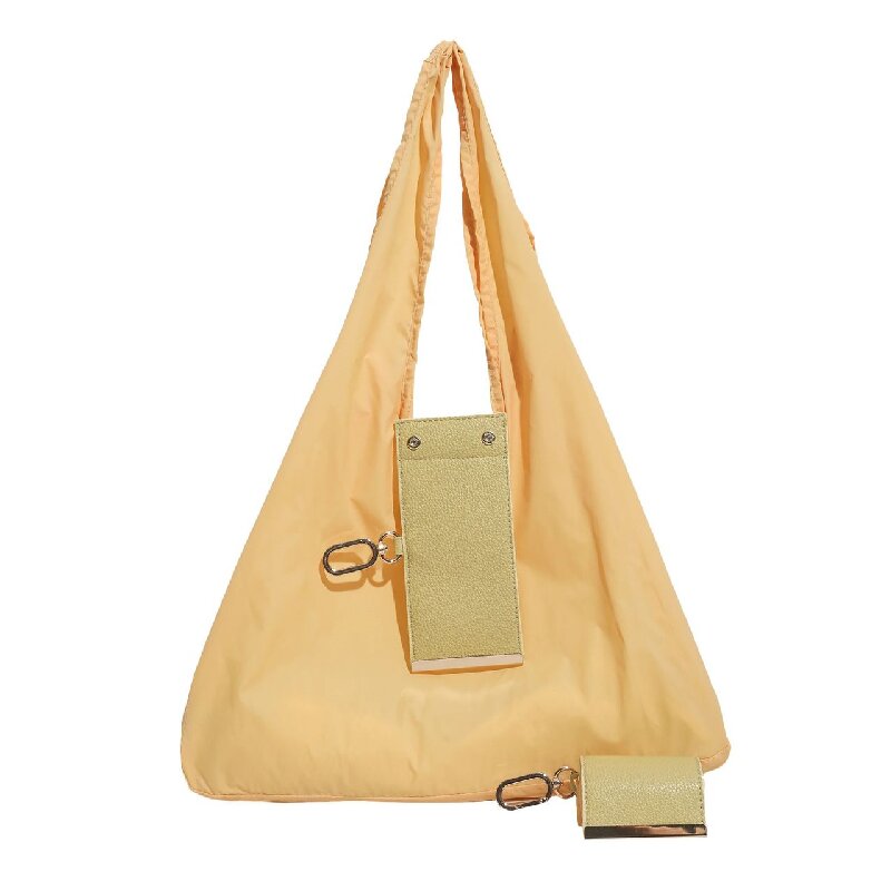 Yellow Foldable Tote Bag with Built-In Storage Pouch – Compact Reusable Shopping Bag That Packs into Itself, Ideal for Daily Carry and Eco-Friendly Use