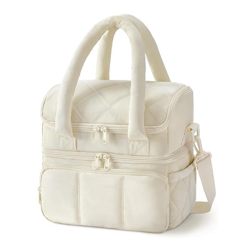 Beige Double-Layer Insulated Lunch Bag – Quilted Design with Top and Bottom Compartments, Shoulder Strap, and Smooth Two-Way Zippers
