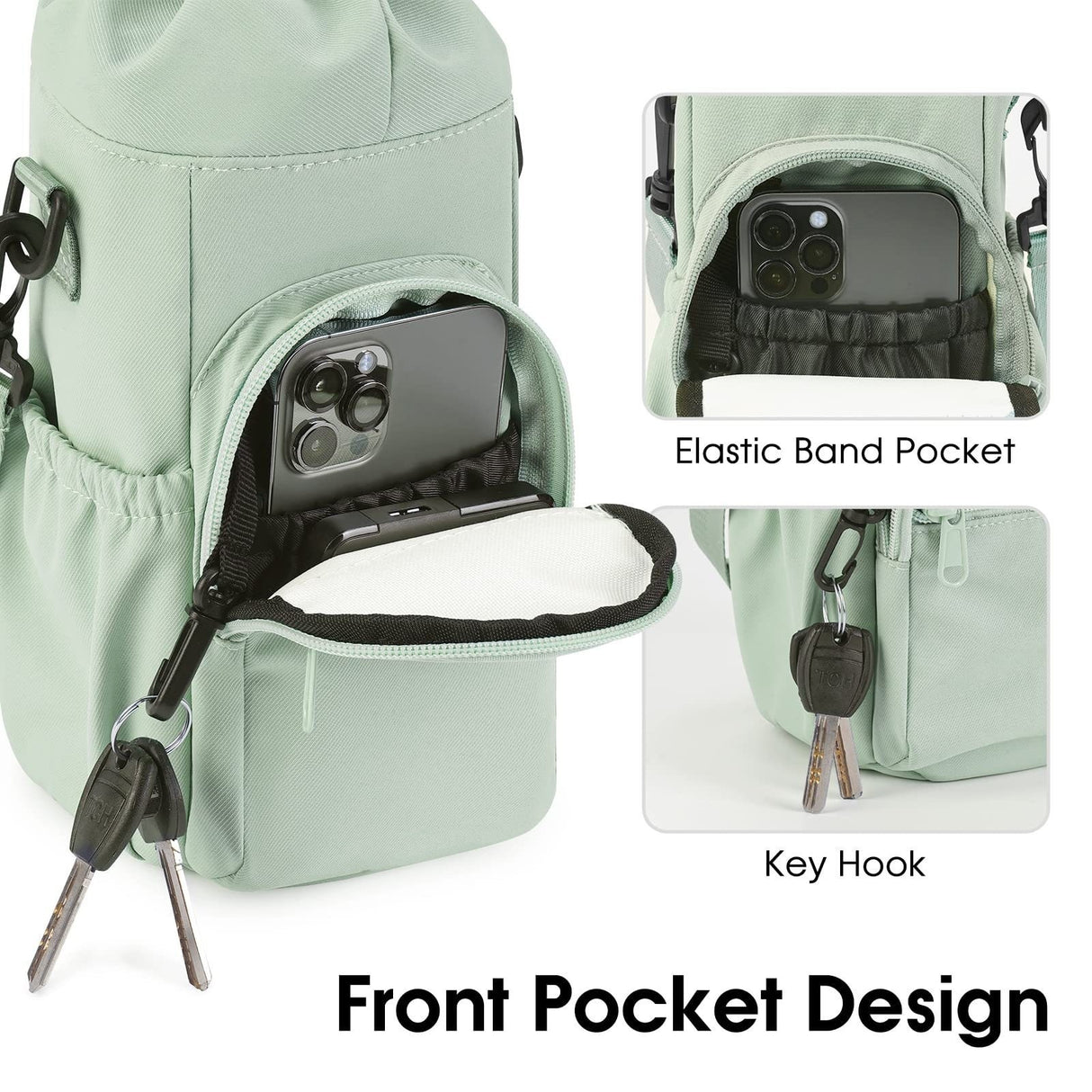Purple Water Bottle Carrier with Drawstring Closure – Adjustable Shoulder Strap, Front Pocket, and Side Storage for Daily Use