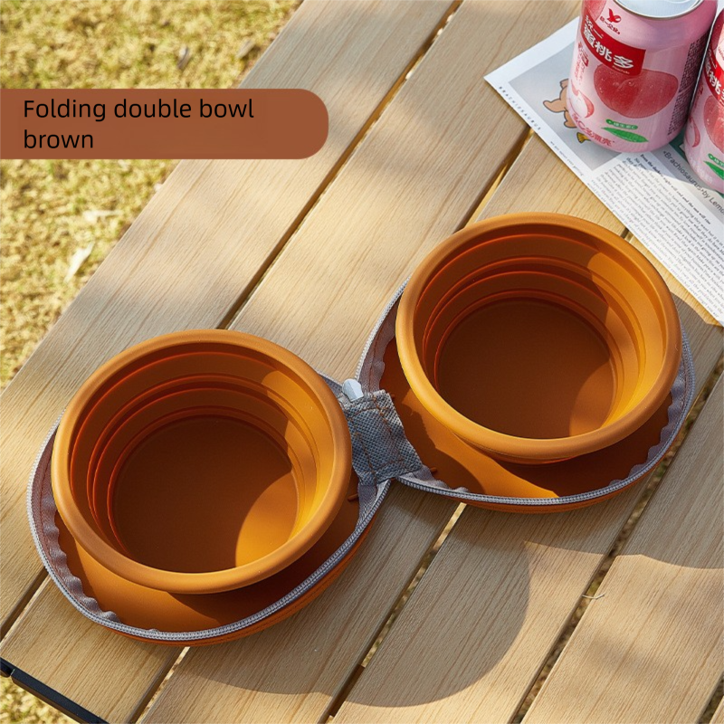 Brown Portable Foldable Dual Bowl for Pets – Silicone Feeding and Water Dish with Compact Storage Design