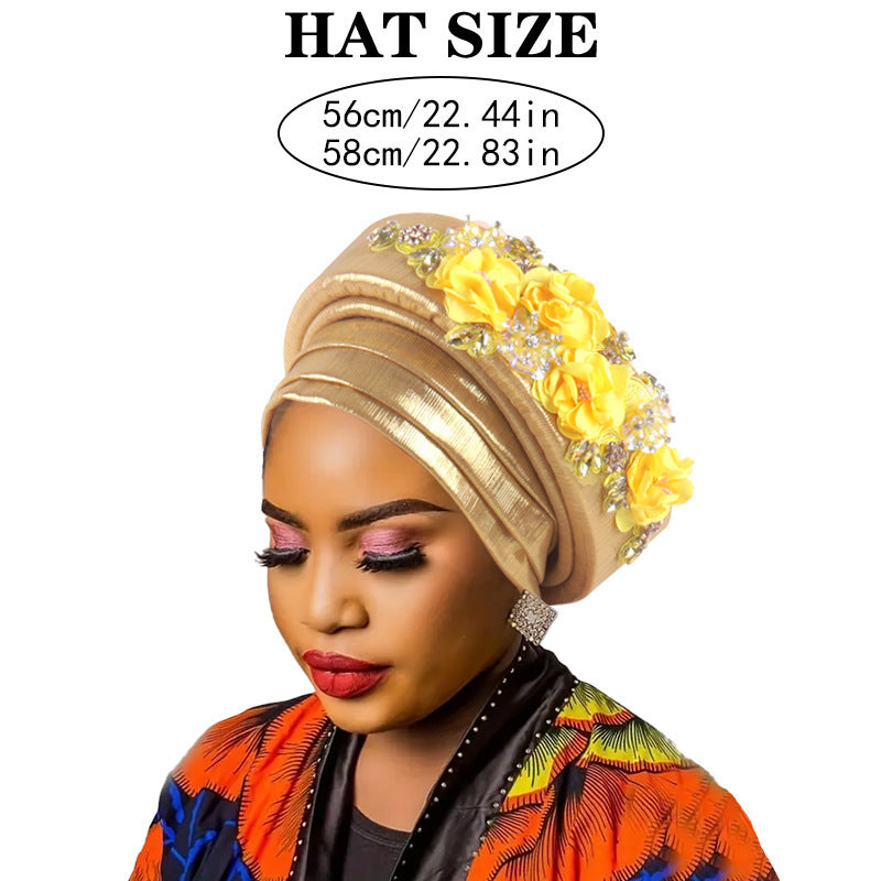 Women's Luxury Purple Turban Hat with Beaded Floral Embellishments Pre-Tied African Style Headwrap for Weddings Parties & Special Occasions