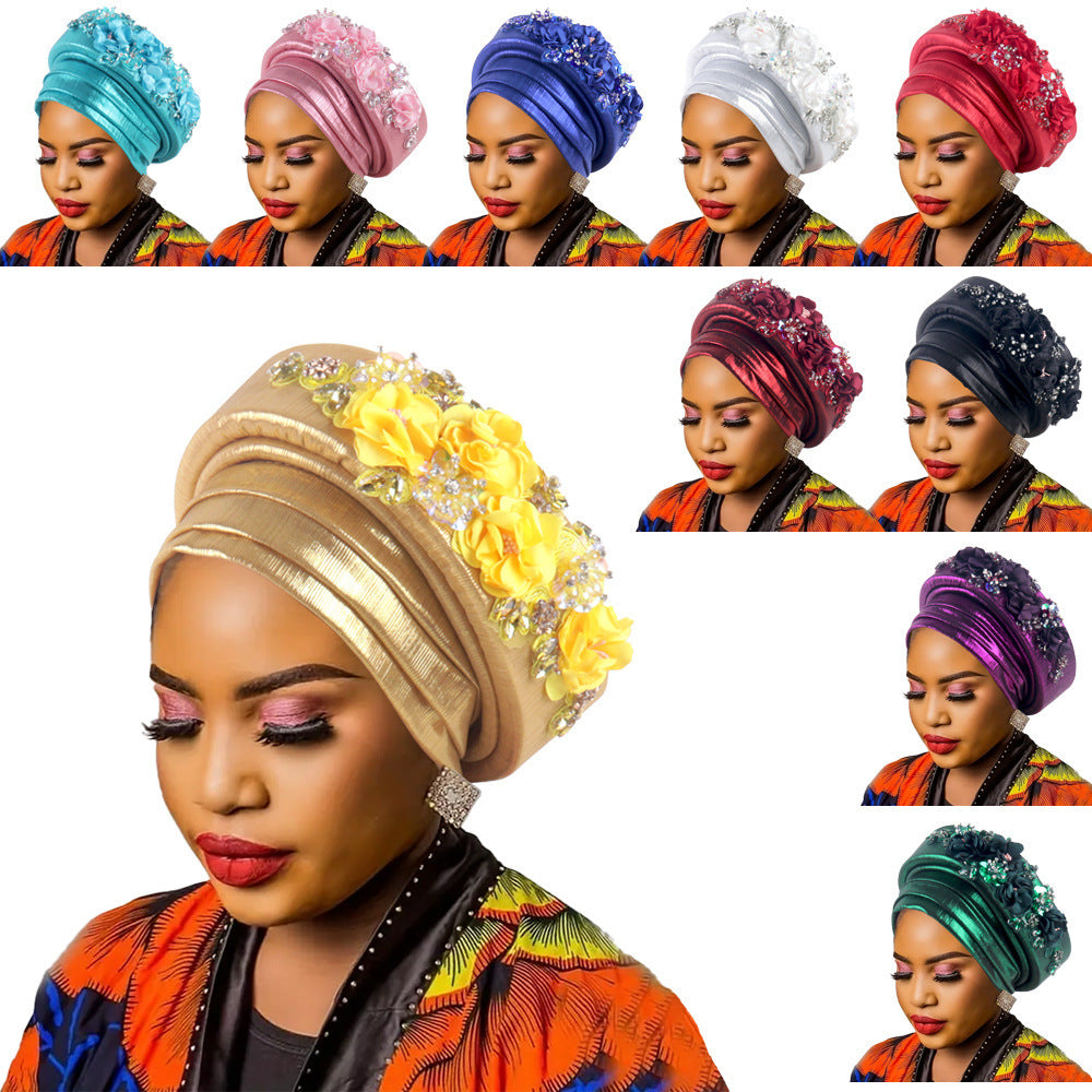 Women's Luxury Purple Turban Hat with Beaded Floral Embellishments Pre-Tied African Style Headwrap for Weddings Parties & Special Occasions