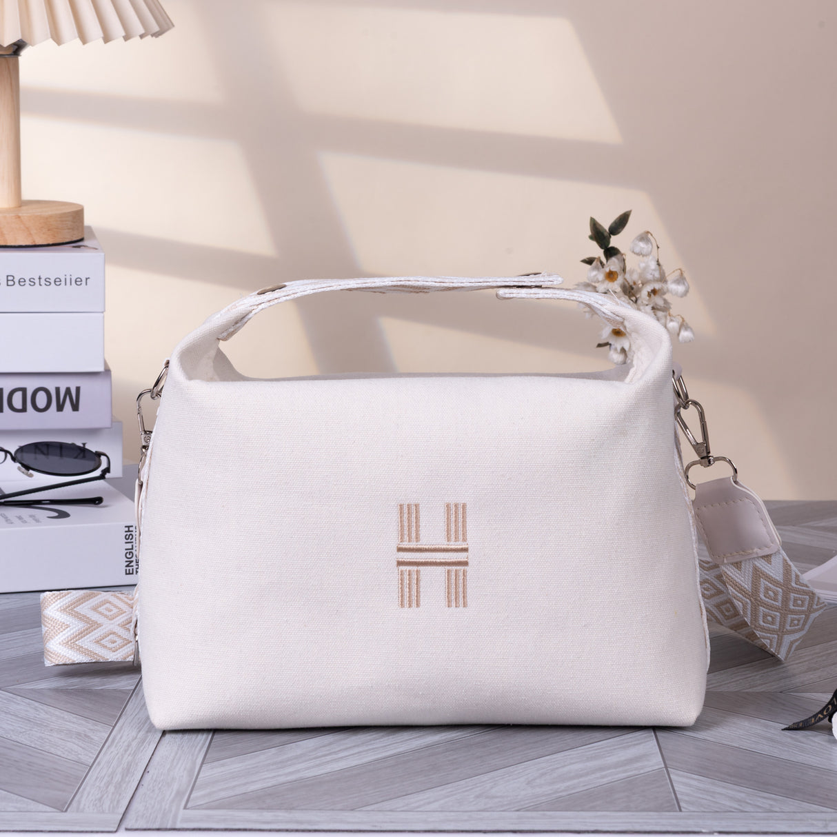 Women's Minimalist Canvas Crossbody Bag with Wide Beige Webbing Strap Casual Shoulder Handbag Large Capacity for Daily Use - Cream White