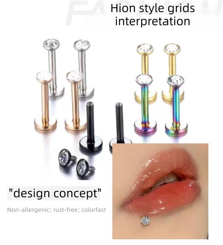 2 PCS Internally Threaded Labret Studs - 16G 8mm Stainless Steel Flat Back with 3mm CZ Crystal - Rainbow Tone Body Piercing for Lip Tragus Helix