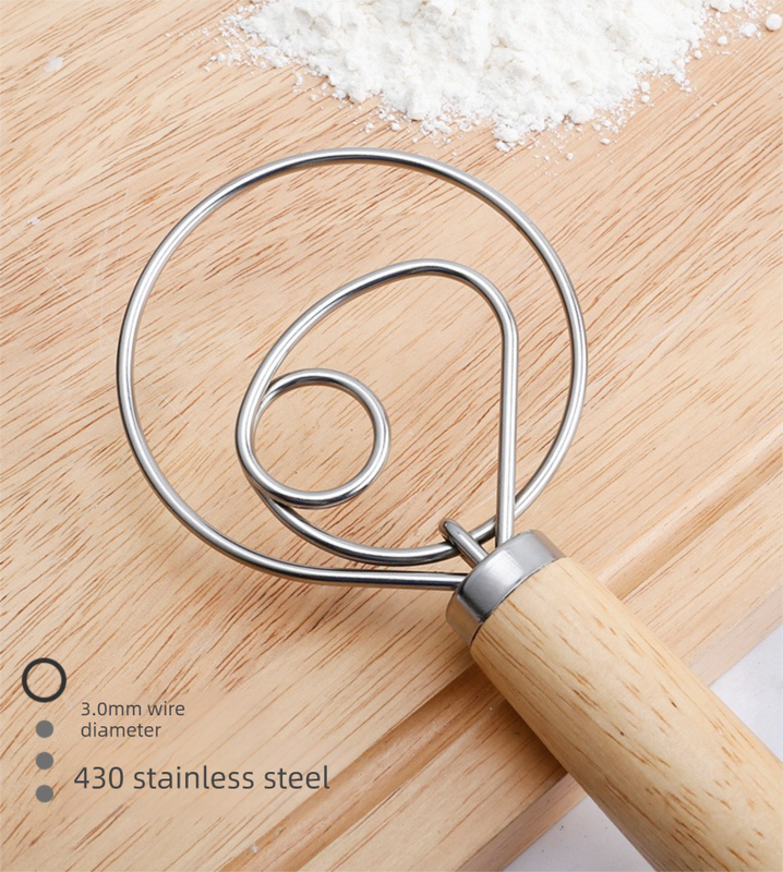 Double Loop Danish Dough Whisk with Long Oak Handle - 13 Inch Stainless Steel Bread Mixer Tool for Sourdough & Heavy Batter - Hand Held Flour Blender (Two Eye Design)
