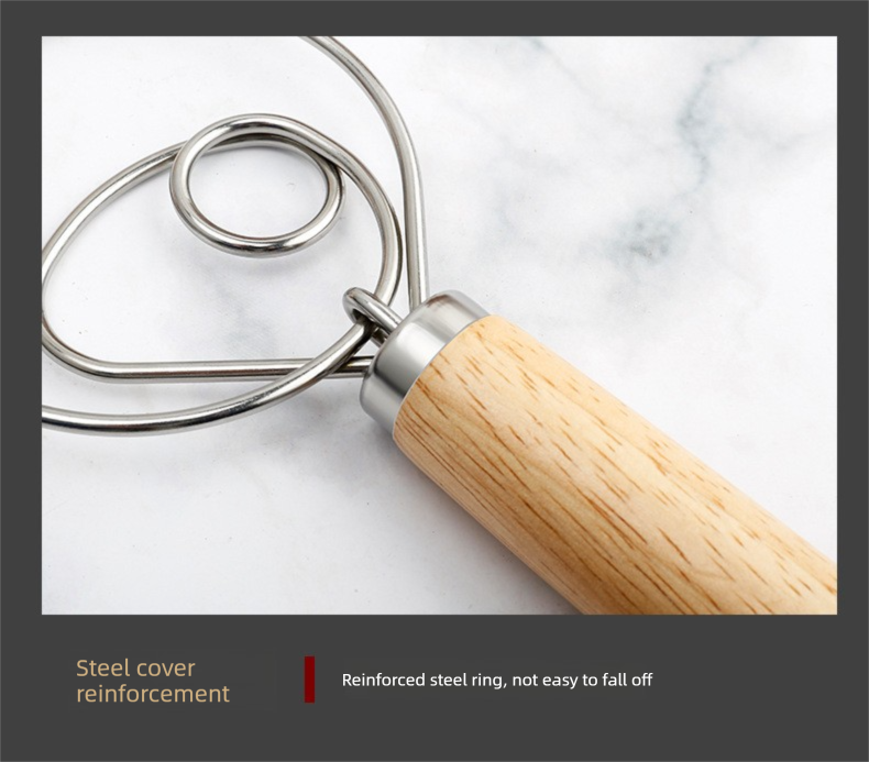 Double Loop Danish Dough Whisk with Long Oak Handle - 13 Inch Stainless Steel Bread Mixer Tool for Sourdough & Heavy Batter - Hand Held Flour Blender (Two Eye Design)