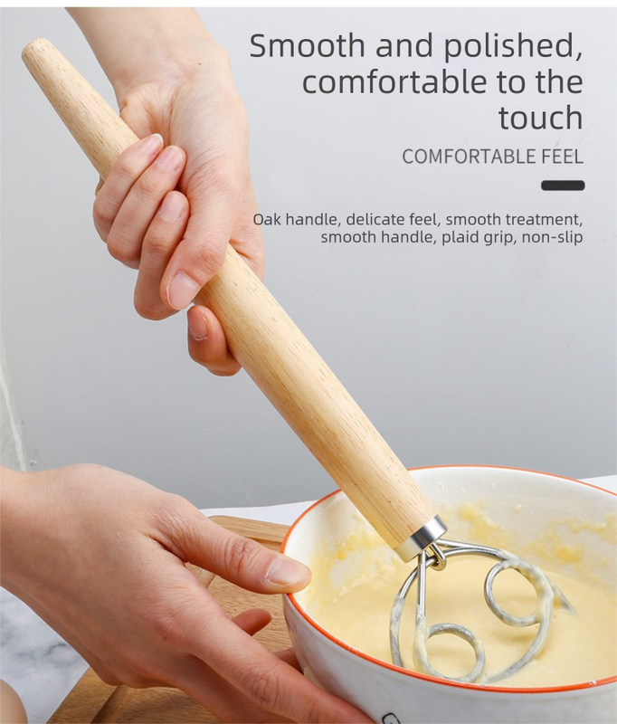 Triple Loop Danish Dough Whisk with Long Oak Handle - 13 Inch Stainless Steel Bread Mixer for Sourdough, Eggs & Batter - Hand Held Flour Blender (3 Eye Design)