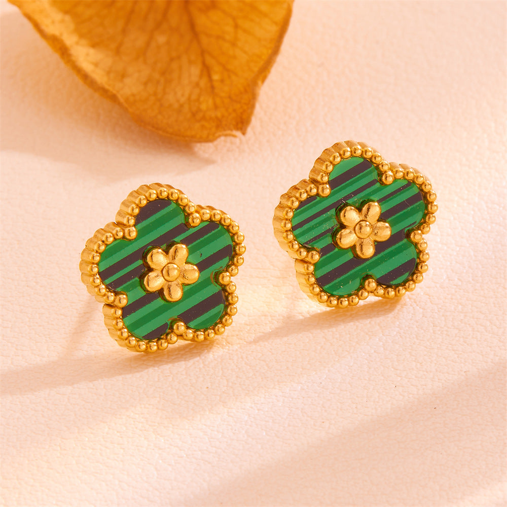 Green Shell Five-Petal Flower Stud Earrings - 18K Gold Plated Stainless Steel Floral Jewellery for Women - Hypoallergenic & Tarnish Resistant (13mm)