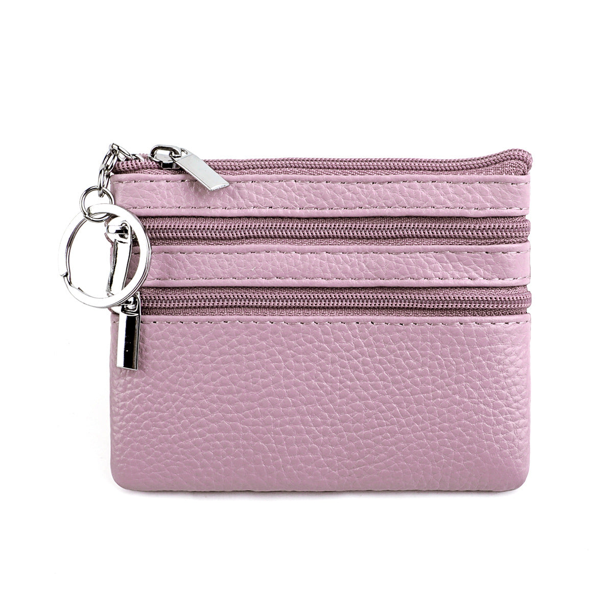 Genuine Leather Coin Purse Mini Wallet with Triple Zipper Pockets Key Ring Holder Pouch for Cash & Cards - Lavender purple