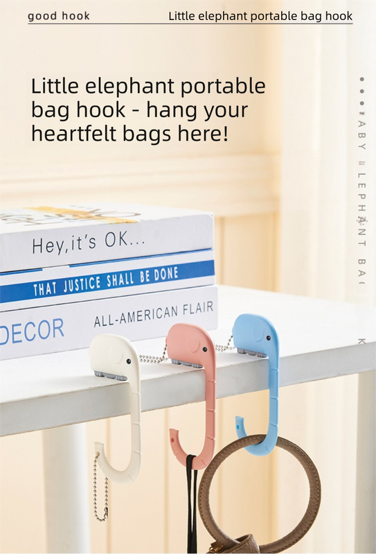 Cartoon Elephant Desk Side Bag Hook Pink Portable Adhesive Schoolbag Hanger No-Drill Movable Table Hook for Students and Office