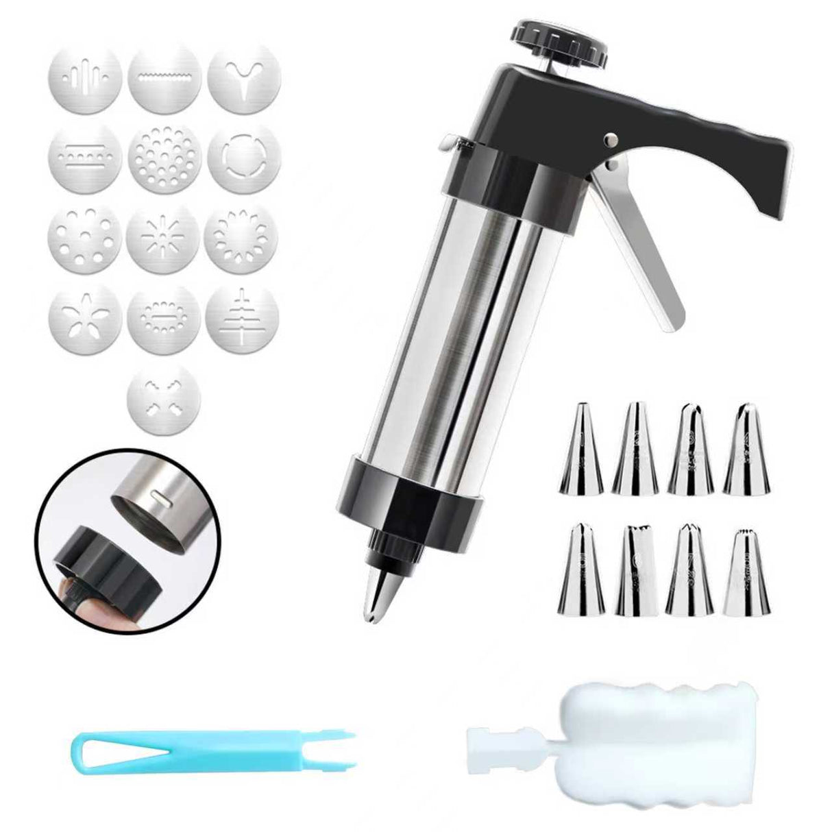 Stainless Steel Cookie Press Maker Kit Black Biscuit Machine with 13 Disc Molds 8 Icing Tips and Sponge Cleaning Brush