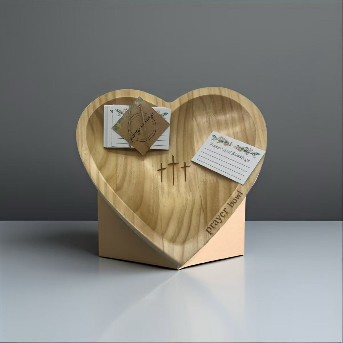 Handcrafted Heart Shaped Wooden Prayer Bowl with Prayer Cards and Raffia Natural Wood Grain Spiritual Gift for Home