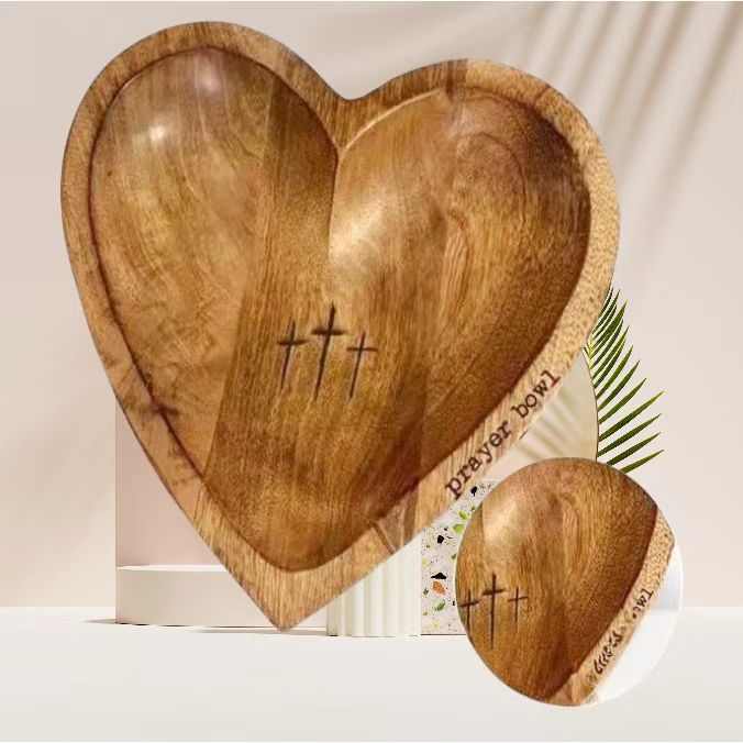 Handcrafted Heart Shaped Wooden Prayer Bowl with Prayer Cards and Raffia Natural Wood Grain Spiritual Gift for Home