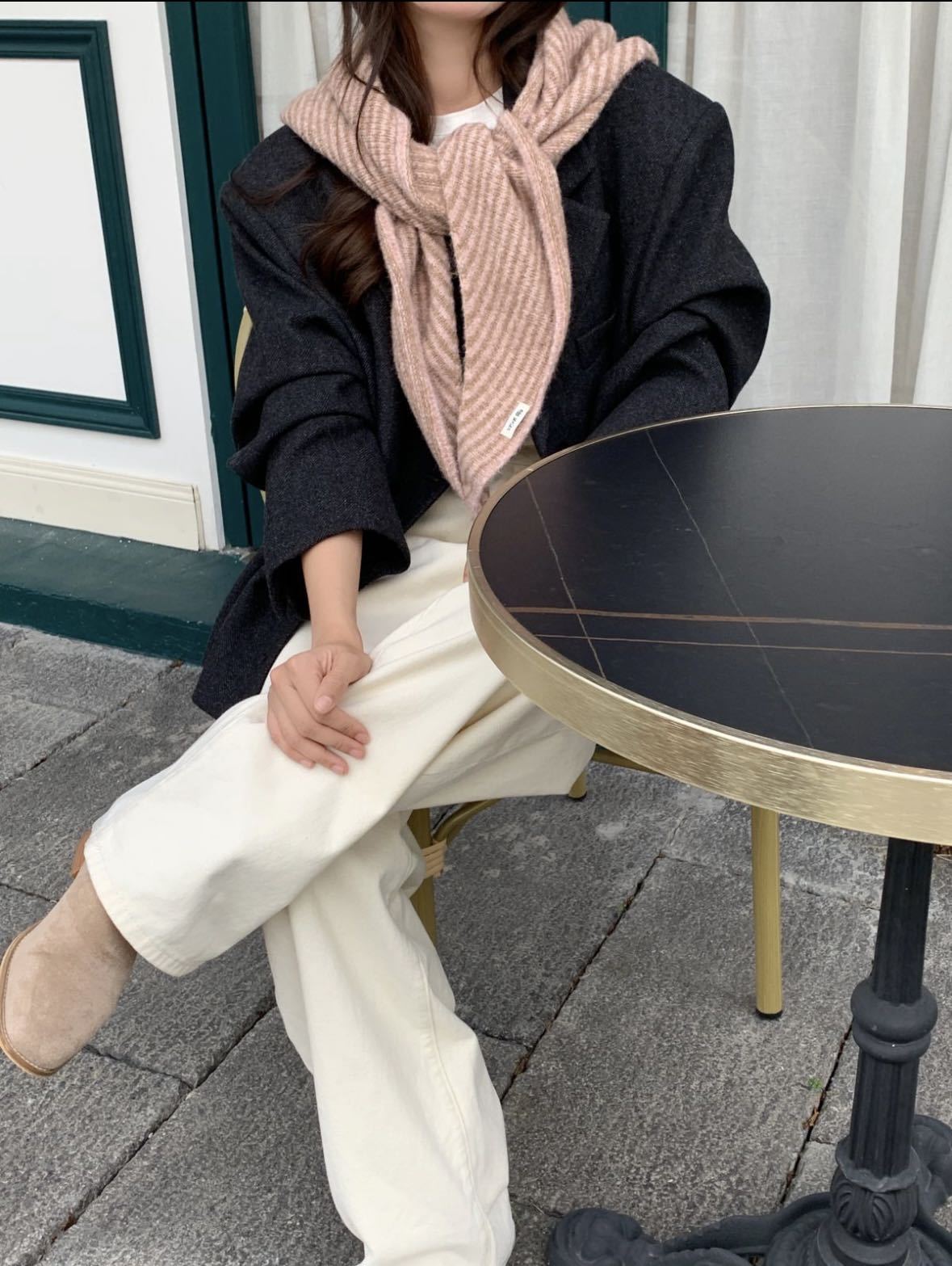 Dusty Pink Striped Wool Blend Knitted Triangle Scarf - Soft Warm Shawl Neck Wrap for Women - Chic Autumn Layering Accessory - Pink
