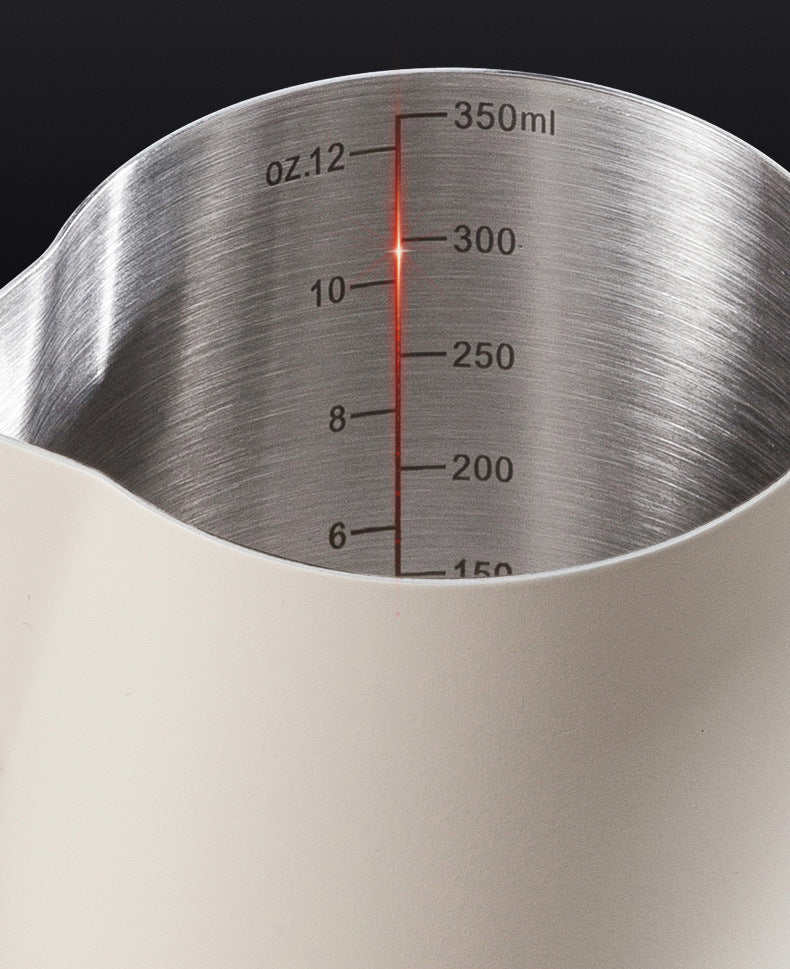 350ml Stainless Steel Milk Frothing Pitcher Pointed Spout Steaming Jug with Measurement Marks for Latte Art Home Baristas White