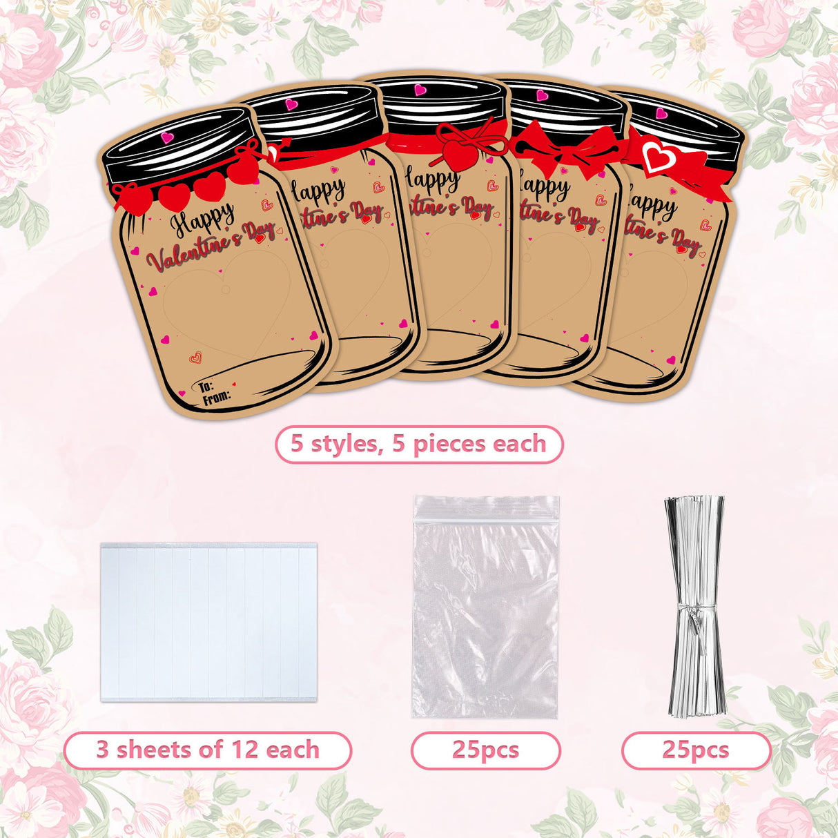 25PCS Valentine's Day Drift Bottle Shaped Gift Card Set - Premium Coated Paper Greeting Card for Family / School Exchanges and Party Favors