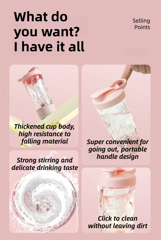 500ML Pink Portable Diamond Electric Shaker - Strong Vortex Stirring, Dual Temperature Endurance & Self-Cleaning for Protein Powder Coffee