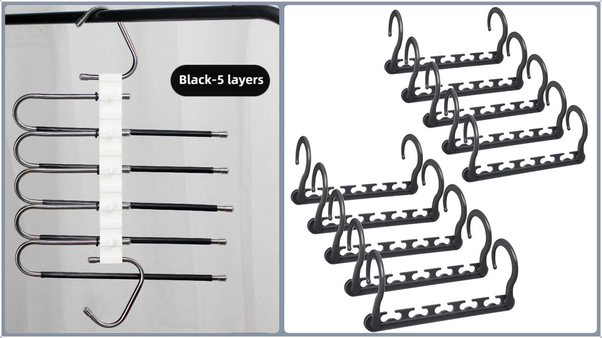 5-Tier Black Stainless Steel Pants Rack and 10-Pack Magic Cascading Hangers Set - Space-Saving Closet Organizer Kit