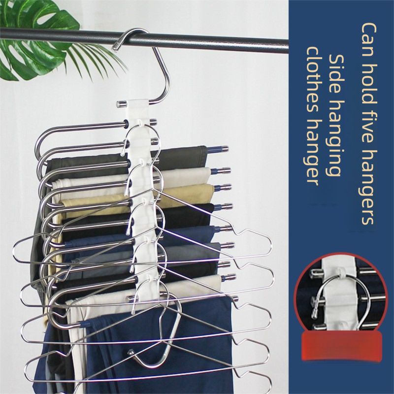 5-Tier Black Stainless Steel Pants Rack and 10-Pack Magic Cascading Hangers Set - Space-Saving Closet Organizer Kit