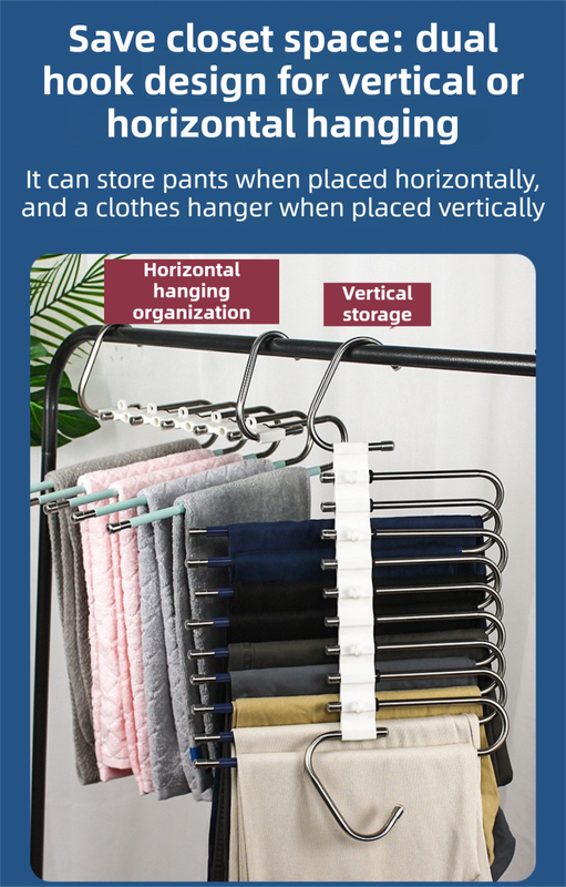5-Tier Black Stainless Steel Pants Rack and 10-Pack Magic Cascading Hangers Set - Space-Saving Closet Organizer Kit