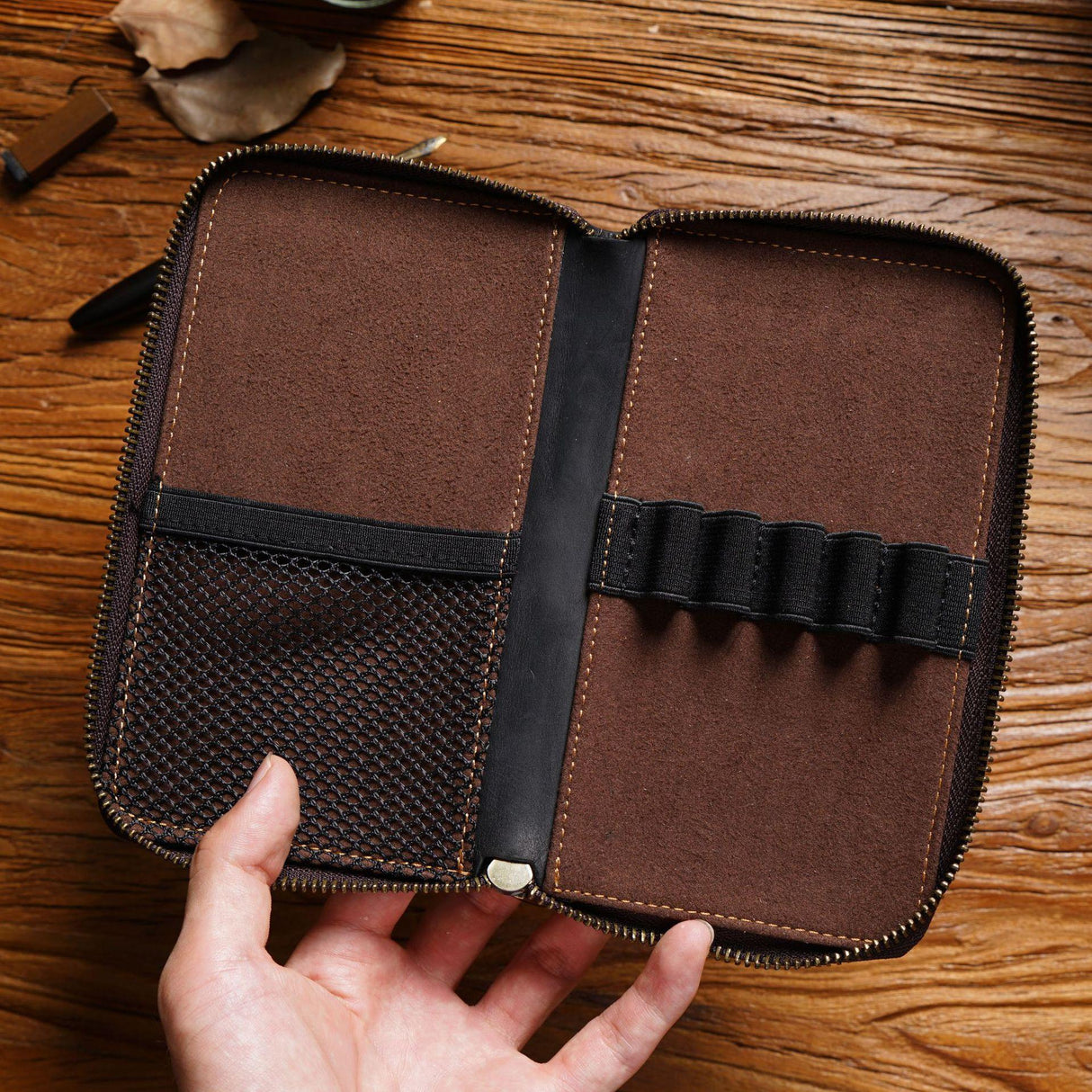 Black Genuine Crazy Horse Leather Fountain Pen Case Zippered Organiser Pouch with 5 Elastic Loops & Mesh Pocket Vintage Stationery Holder
