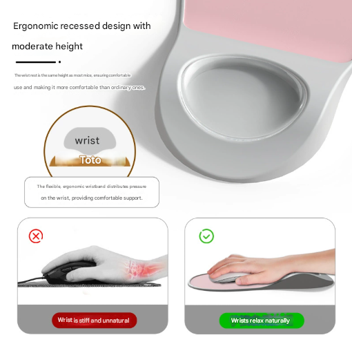 Pink Ergonomic Mouse Pad with Wrist Rest Support Soft Silicone Concave Groove Design 32.5cm Non-Slip Mat for Home Office & Gaming