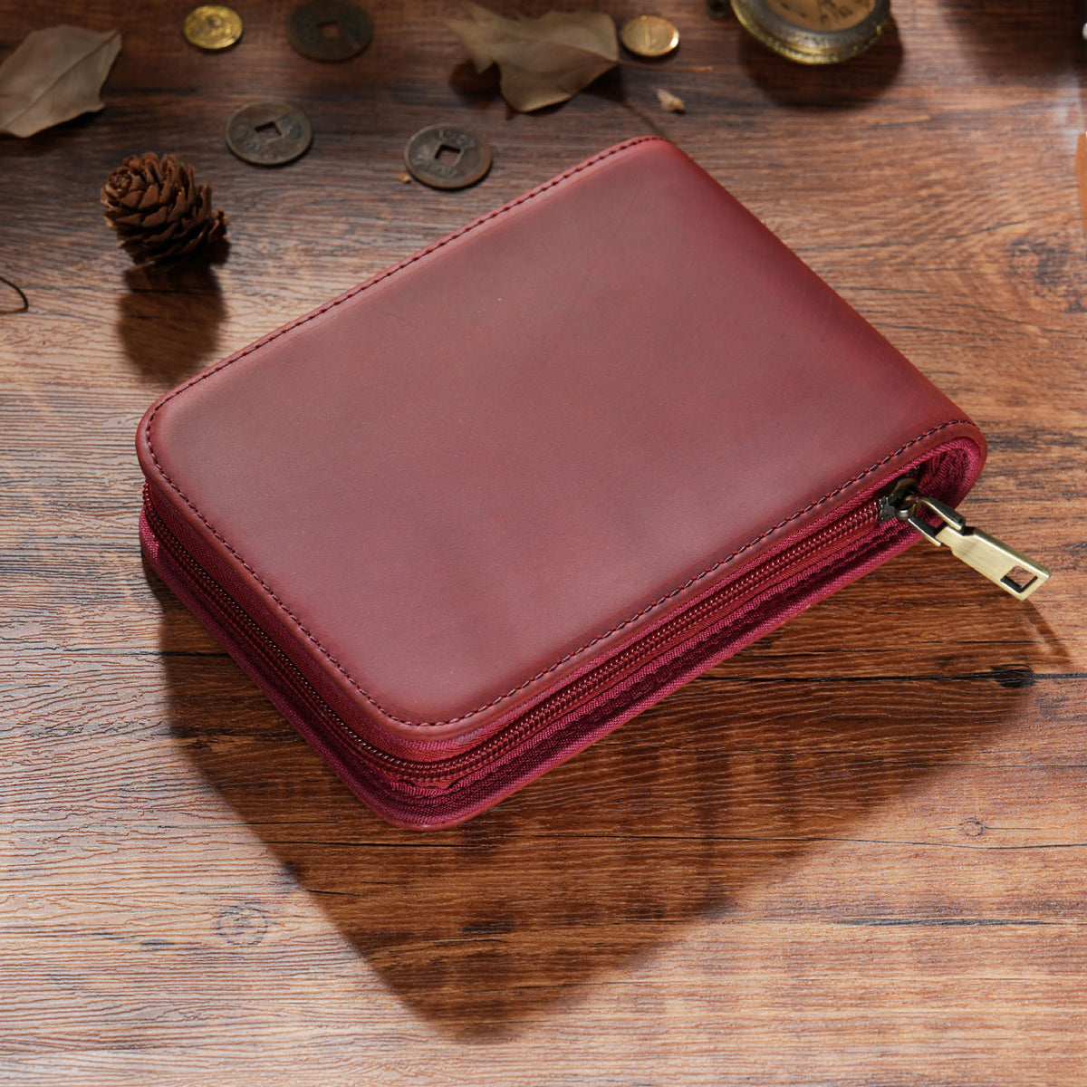 Wine Red 12-Slot Genuine Crazy Horse Leather Fountain Pen Case - Handcrafted Large Capacity Zippered Pen Organizer & Stationery Pouch