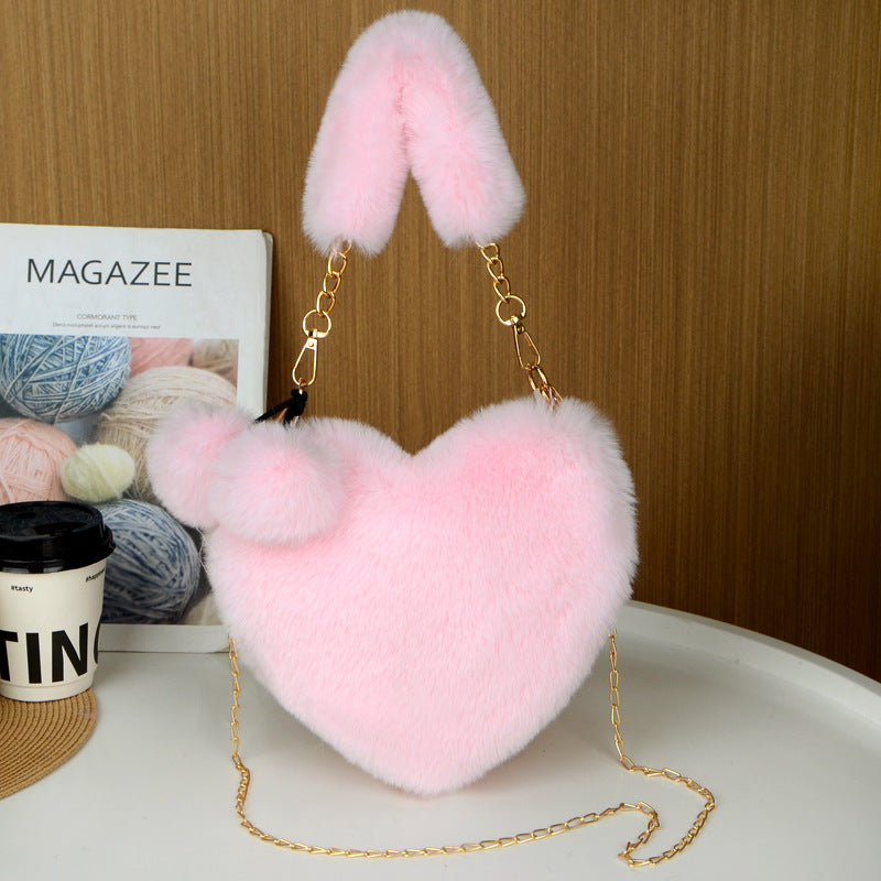 Pink 2PCS Luxury Faux Rabbit Fur Heart-Shaped Handbag | Adorable Plush Crossbody Shoulder Bag | Fashionable Statement Piece