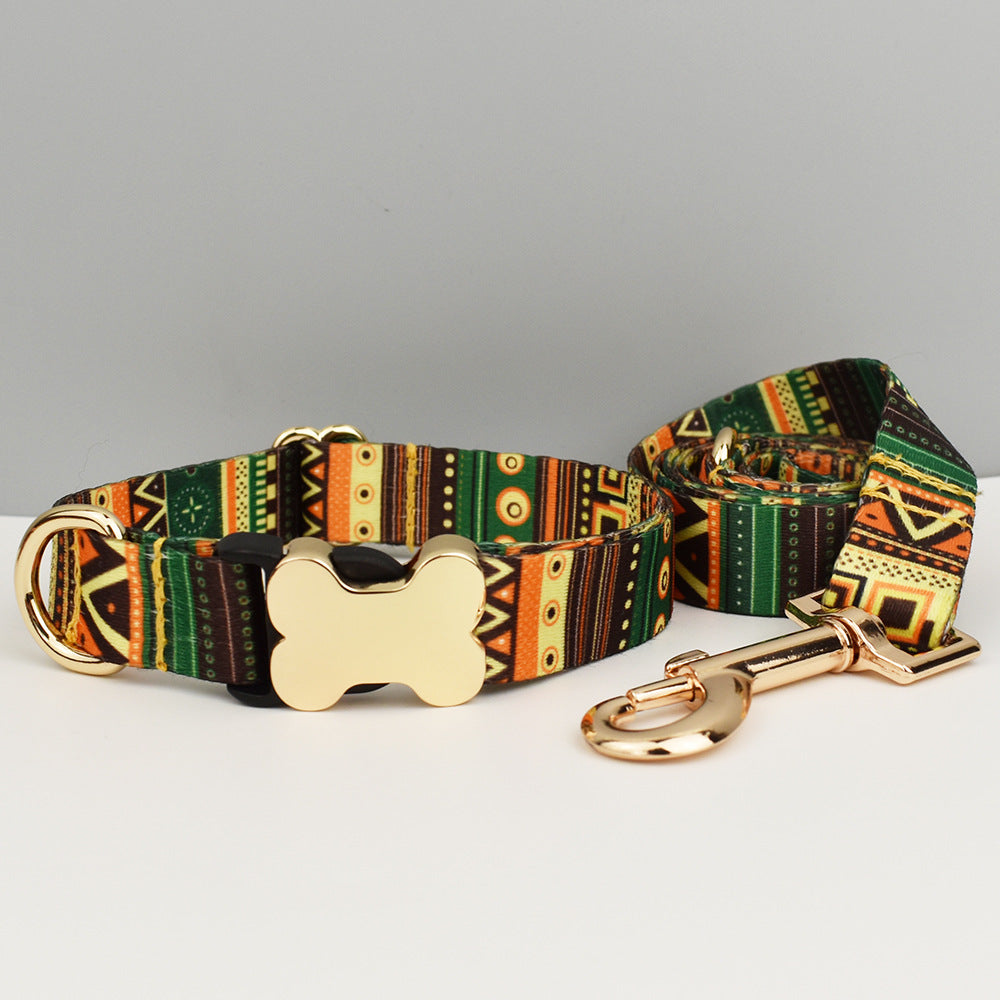 M Green-yellow Print Patterned Dog Collar with Gold Metal Bone Buckle Adjustable Tribal & Leopard Print Neck Strap for Puppies & Dogs