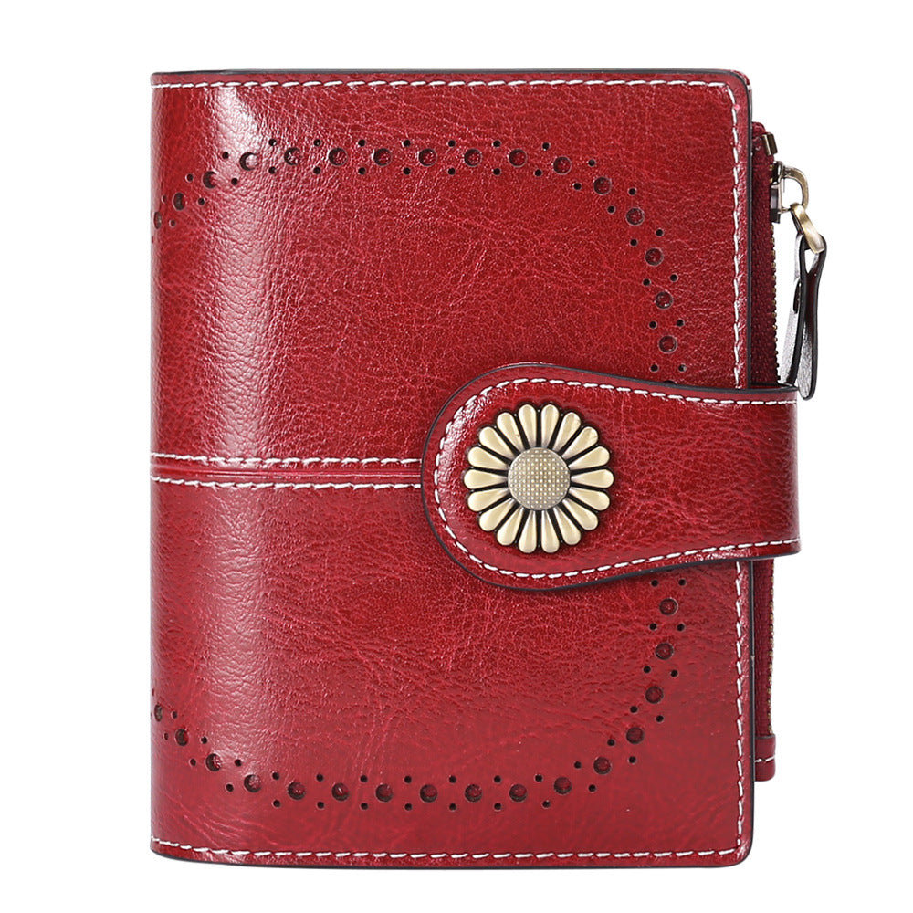 Red Women's Short Leather Wallet - European Style Waxed Leather Coin Purse with Zipper Card Holder in Red