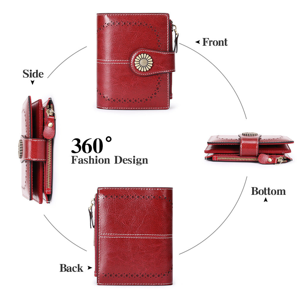 Red Women's Short Leather Wallet - European Style Waxed Leather Coin Purse with Zipper Card Holder in Red