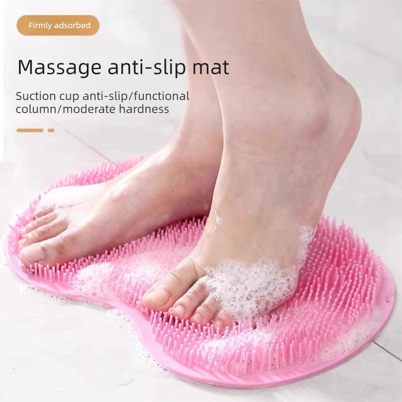 Pink 3-piece set (2-Pack Silicone Foot & Back Scrubber Mat with Suction Cups + 1 Premium Lace Bath Loofah Sponge Set) - Non-Slip Foot Massager & Exfoliating Shower Set