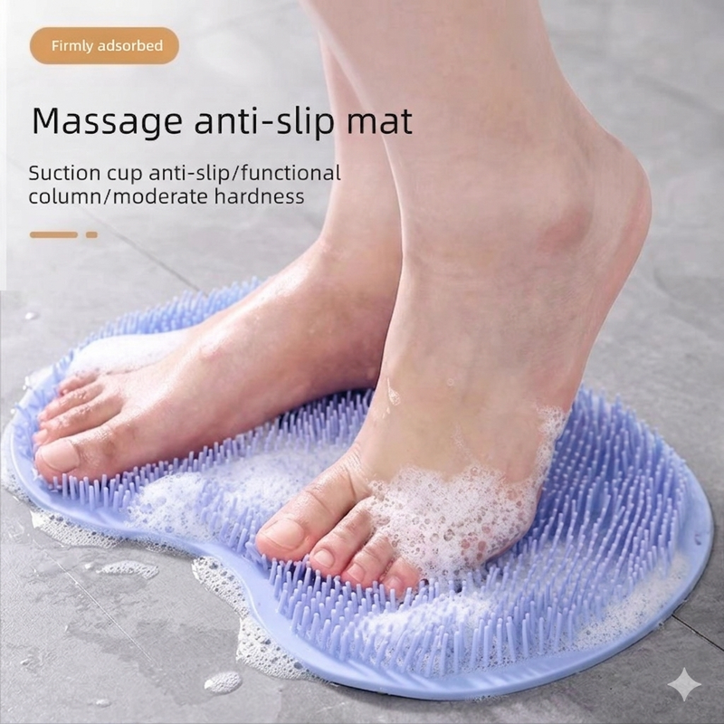 Blue 3-piece set (2-Pack Silicone Foot & Back Scrubber Mat with Suction Cups + 1 Premium Lace Bath Loofah Sponge Set) - Non-Slip Foot Massager & Exfoliating Shower Set