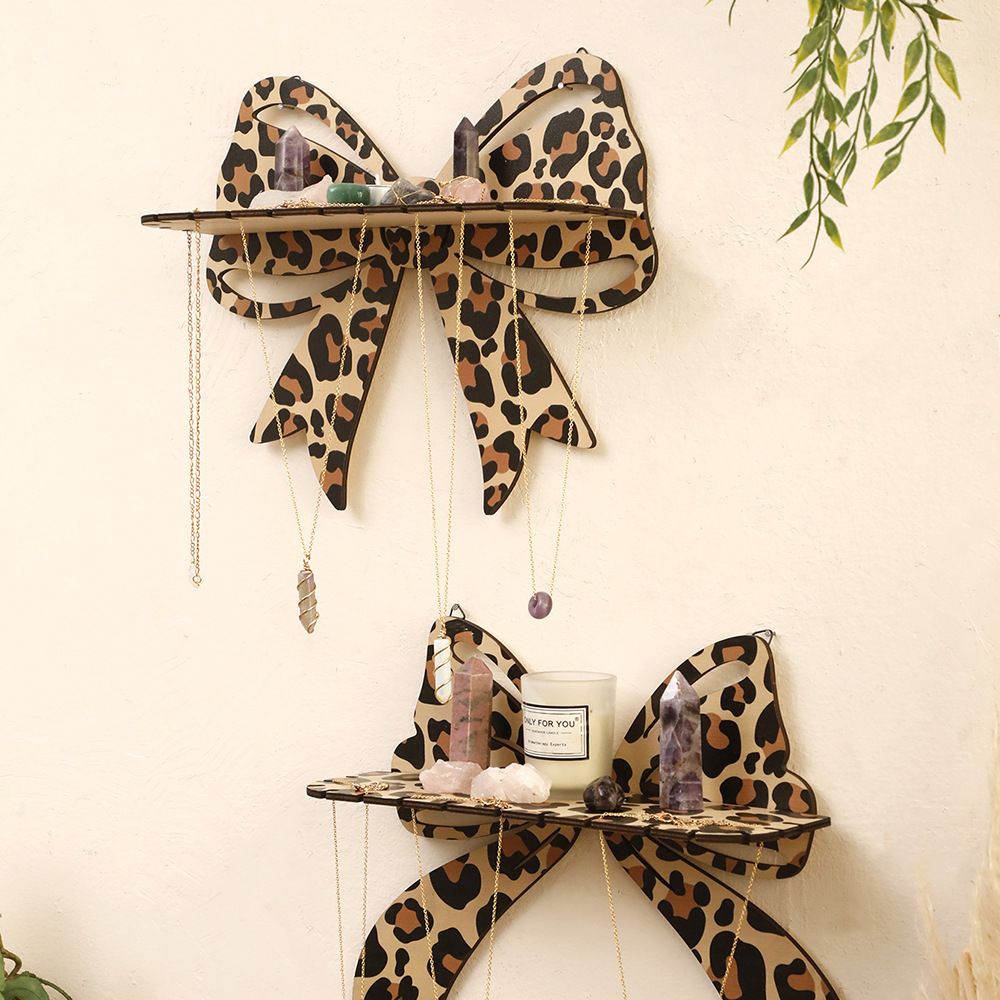 Brown Style A Leopard Print Bow Wall Shelf - Decorative Wooden Floating Storage Rack for Bedroom & Living Room