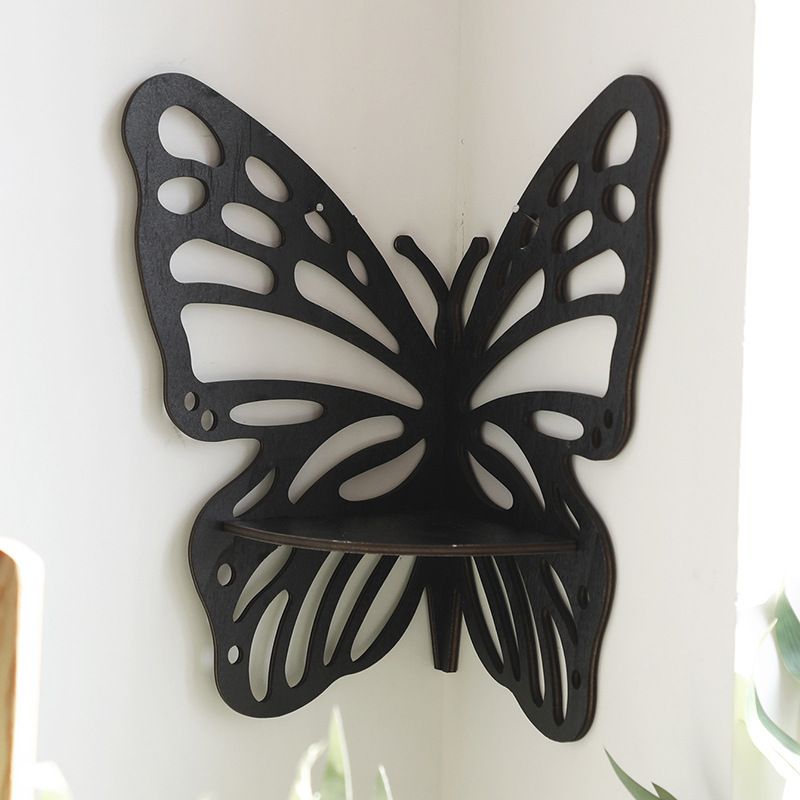 Black Wooden Butterfly Wall Shelf - Hollow-Out Decorative Corner Storage Rack for Home & Bedroom