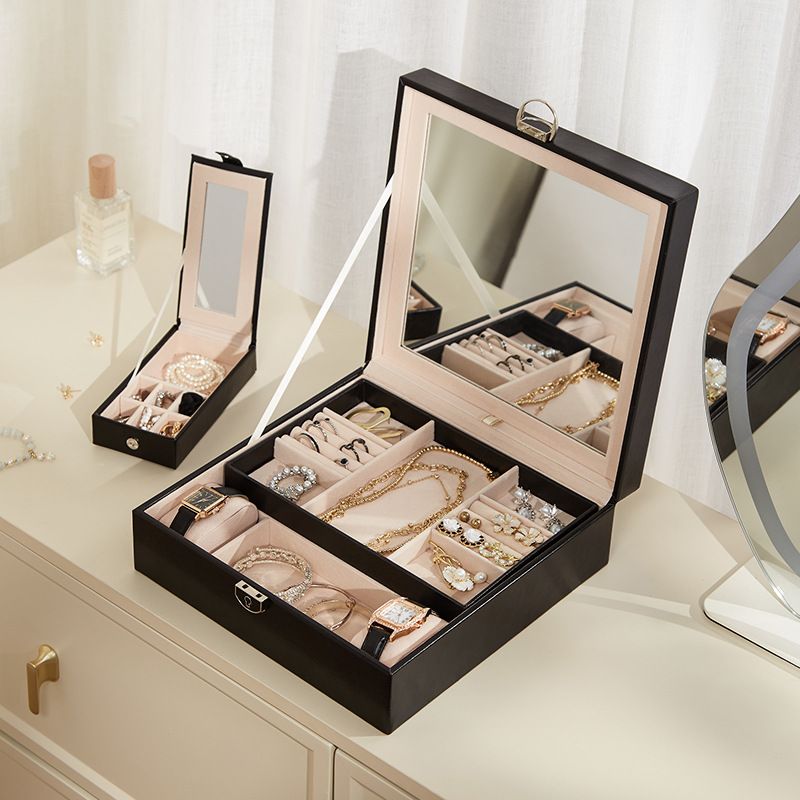 Black Large PU Leather Jewelry Box with Mirror & Lock - Velvet Lined Organizer for Rings, Necklaces & Watches