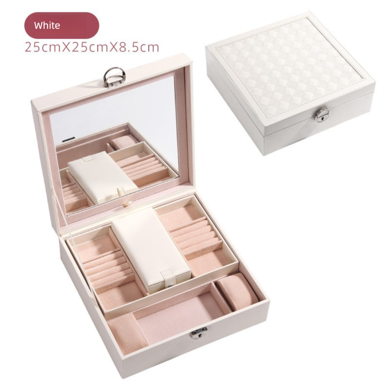 White Large PU Leather Jewelry Box with Mirror & Lock - Velvet Lined Organizer for Rings, Necklaces & Watches