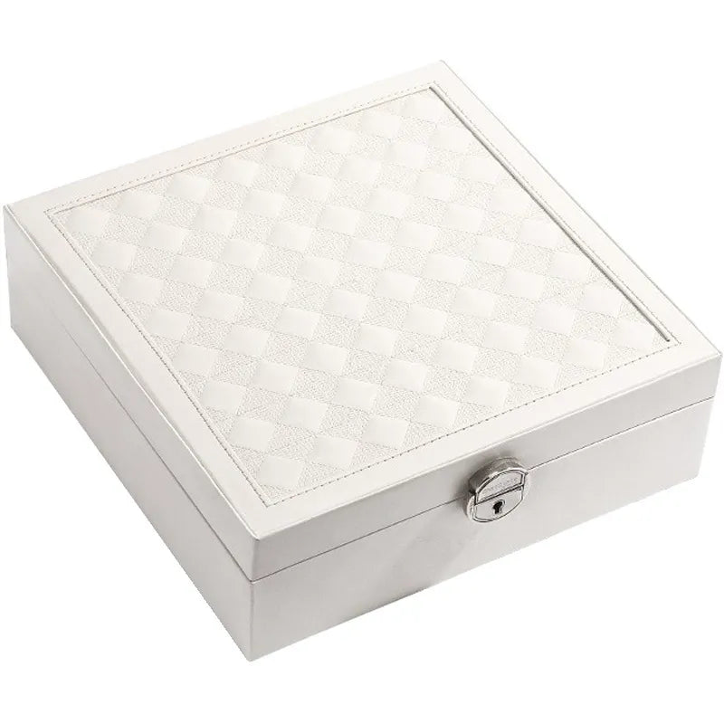 White Large PU Leather Jewelry Box with Mirror & Lock - Velvet Lined Organizer for Rings, Necklaces & Watches
