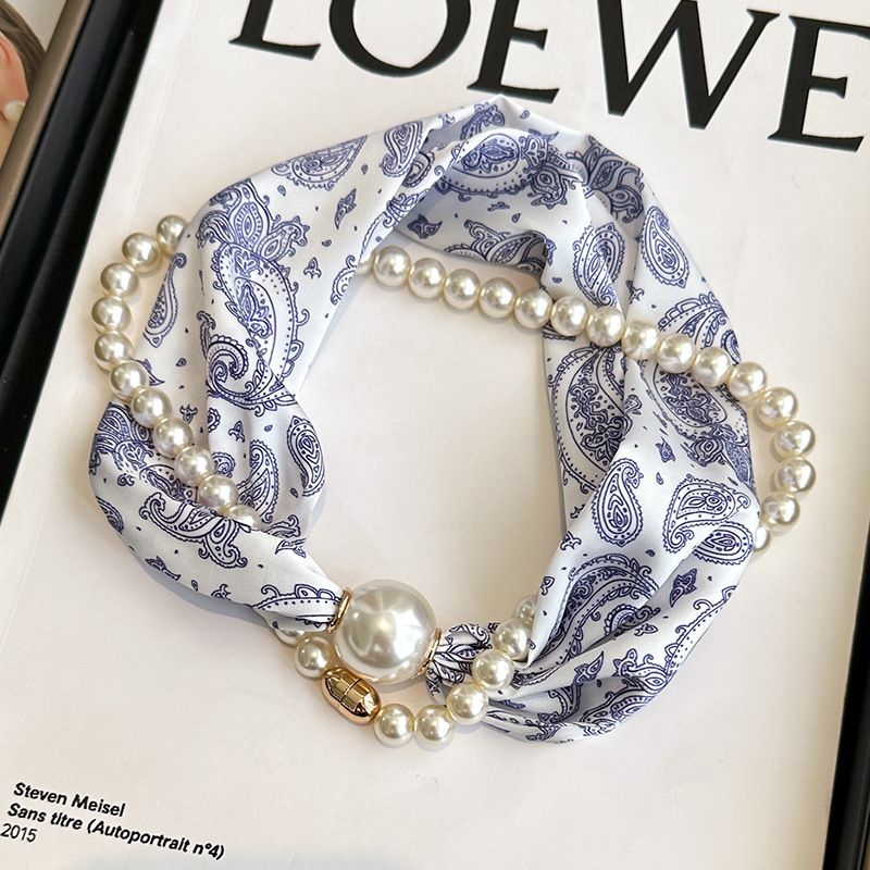 Blue porcelain pattern 2-in-1 Magnetic Pearl Scarf & Necklace Set - Floral Print Polyester Neck Wrap with Detachable Bead Chain
