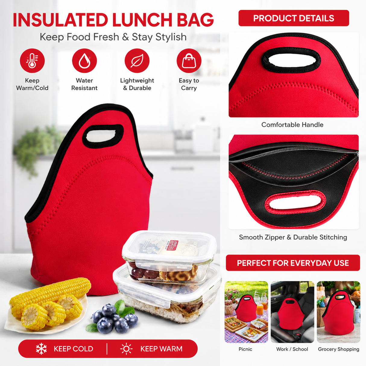 Red Reusable Neoprene Insulated Lunch Bag – Waterproof Thermal Tote for Work, School & Picnics (30x17x30cm)