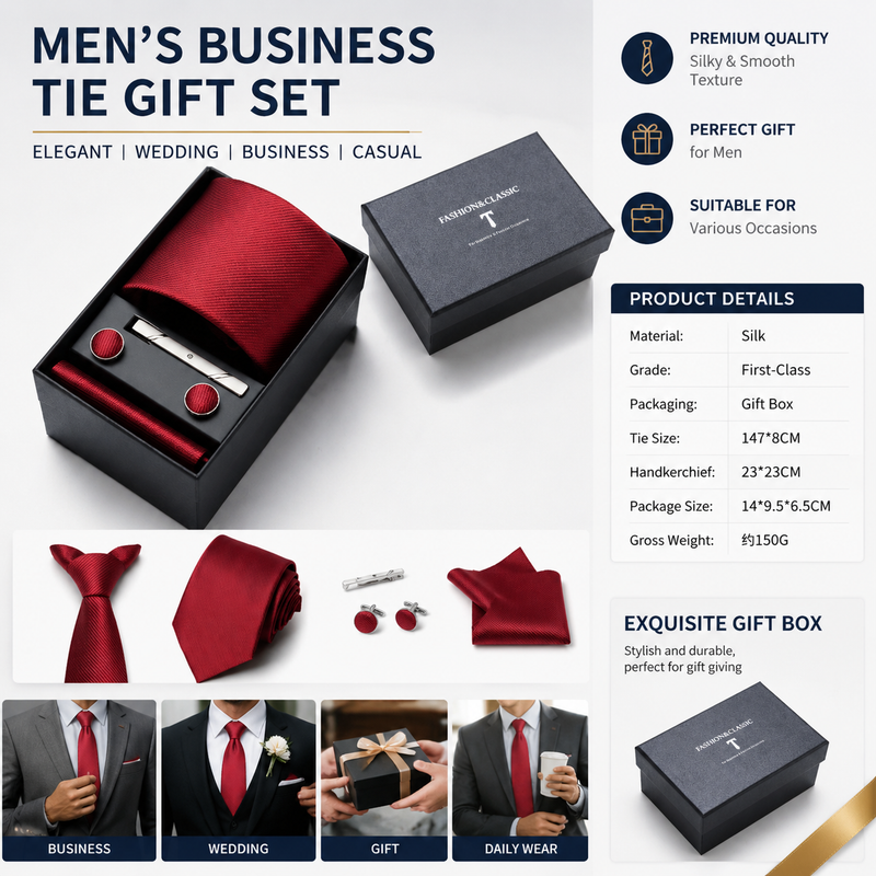Red Premium Men's 4-Piece Formal Tie Set - Necktie, Pocket Square, Cufflinks, and Tie Clip in a Luxury Gift Box