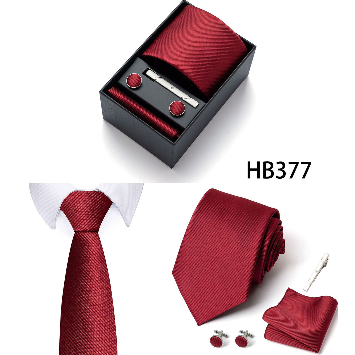 Red Premium Men's 4-Piece Formal Tie Set - Necktie, Pocket Square, Cufflinks, and Tie Clip in a Luxury Gift Box