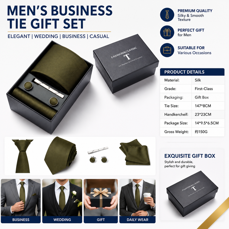 HB378 Dark Green Premium Men's 4-Piece Formal Tie Set - Necktie, Pocket Square, Cufflinks, and Tie Clip in a Luxury Gift Box