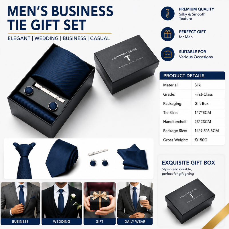 HB383 Dark Blue Premium Men's 4-Piece Formal Tie Set - Necktie, Pocket Square, Cufflinks, and Tie Clip in a Luxury Gift Box