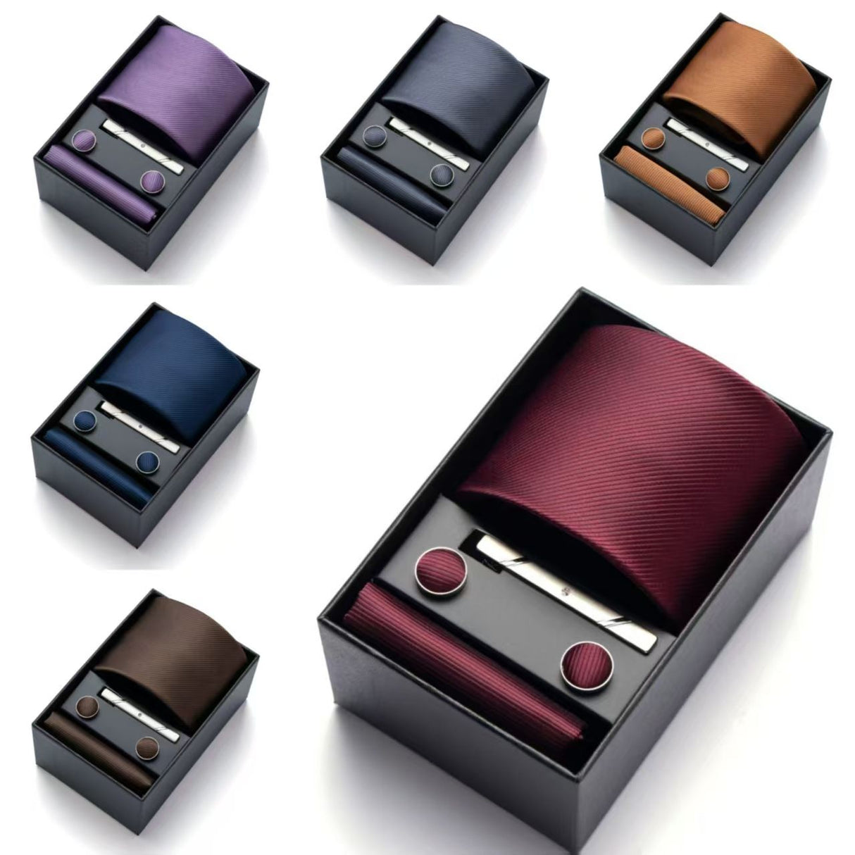 HB383 Dark Blue Premium Men's 4-Piece Formal Tie Set - Necktie, Pocket Square, Cufflinks, and Tie Clip in a Luxury Gift Box